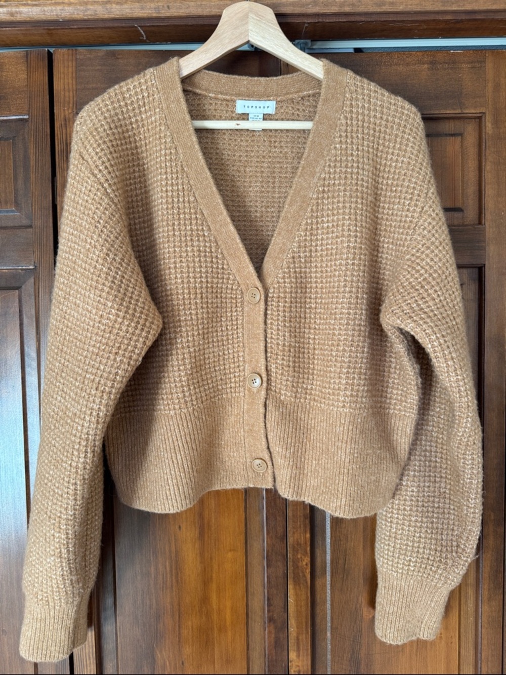 Topshop Camel Button Front Textured V-Neck Knit Cardigan, Womens 8-10